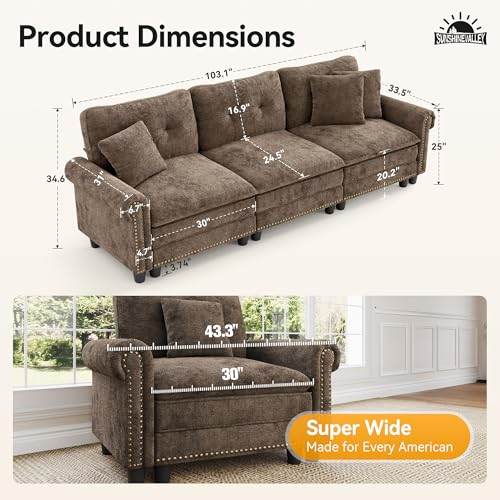 Image of SUNSHINE VALLEY 103.1 inch Modular Sectional Couch for Living Room Deep Seats | Mid-Century Modern 3-Seater Cloud Sofa, Grayish Brown, Rolled Arms & Nailhead Trim, Wider & Deeper Seats, Soft Chenille