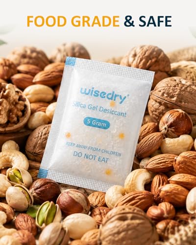 Image of wisedry 5 Gram 60 Packs Food Grade Silica Gel Packets, Rechargeable Food Safe Desiccant Packs with Color Indicating Beads, Reusable Moisture Absorbers for Food Storage, Electronics, 3D Filament & Safe