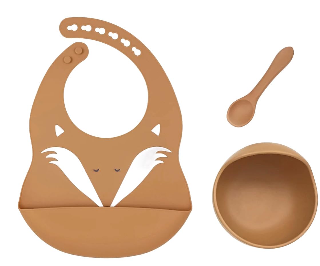 Generico Silicone Baby Feeding Set, Baby Bib with Feeding Pocket, Suction Bowl and Spoon, Easy Clean Non Slip Weaning Kit