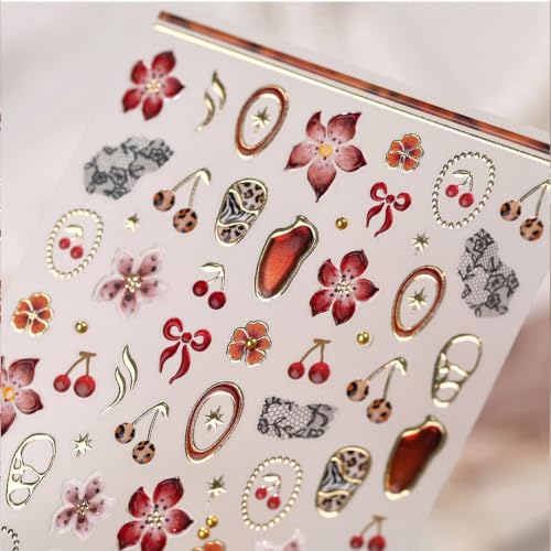 Image of Flower Nail Stickers for Nail Art Cherry Nail Decals Red Nail Art Stickers | 5D Self Adhesive Leopard Nail Stickers Lace Bow Gold Frame Design Nail Decal for Women Manicure DIY Decor Accessories 1 Sheet
