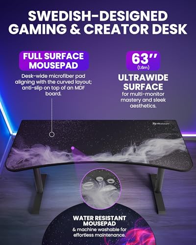 Image of Arozzi Arena Special Edition Ultrawide Curved Gaming and Office Desk with Full Surface Water Resistant Desk Mat Custom Monitor Mount Cable Management Cut Outs - Gunmetal Galaxy