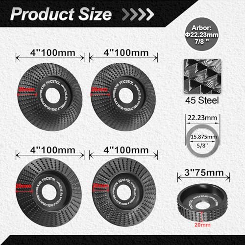 FOCSTOL Wood Carving Disc - 5pcs (4pcs 4\'\'/100mm+1pc 3\'\'/75mm) Stump Tool Grinding Wheel for Angle Grinder with 7/8\"-5/8\" Arbor for Wood Grinding Shaping Polishing Carving