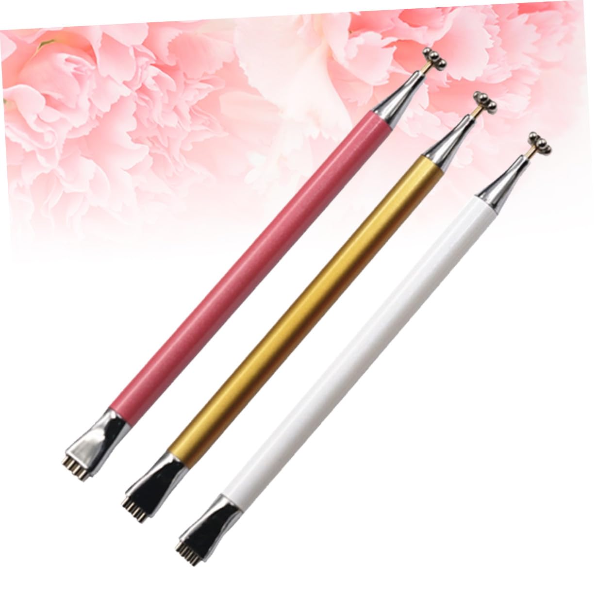 3PCS Double Head Flower Design Nail Art Magnet Pens for Cat Eye Gel Polish Red White Yellow Metal Rod Magnetic Dotting Sticks for Nail Patterns Salon and Home Use