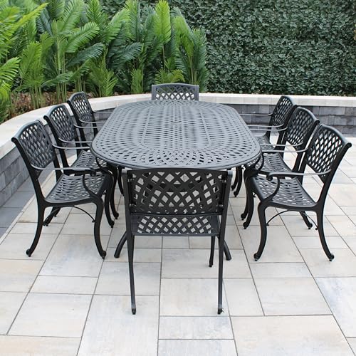 Image of Oakland Living 1025-1016(8)-LBK Modern Outdoor Mesh Lattice Aluminum 95-in Large Black Oval Patio Eight Arm Chairs Dining Set