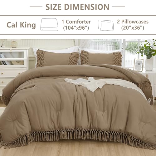 Image of Andency Taupe Comforter Set California King, 3 Pieces Boho Tassel Lightweight Soft Bedding Comforter Sets for King Bed, All Season Fluffy Fringe Bed Set (104x96In Comforter & 2 Pillowcases)