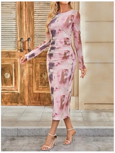 Image of GORGLITTER Women's Mesh Long Sleeve Bodycon Midi Dress Fall Cocktail Birthday Dinner Wedding Guest Going Out Dresses