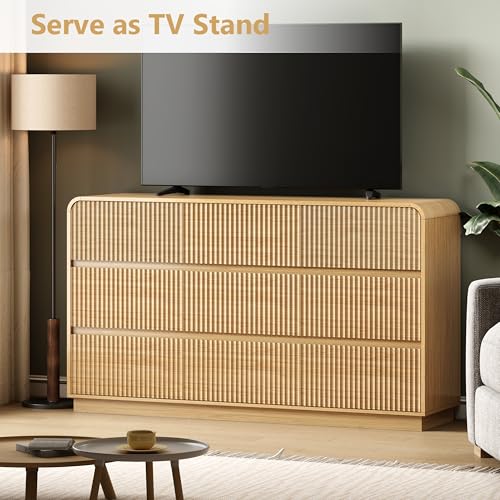 Image of Wodeer Oak Dresser Fluted 9 Drawers Dresser for Bedroom, 59 inch Wide Wood Chest of Drawers with Hidden Handles & Rounded Corners, Modern TV Stand Storage Cabinet for Living Room, Hallway, Entryway