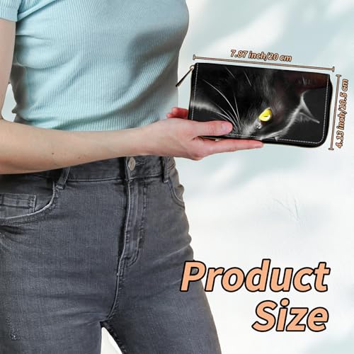 Women's RFID Blocking Wallet PU Leather Slim Bifold Wristlet Clutch with Large Capacity,16 Card Slots & Zipper Coin Purse Pocket Ladies Travel Purse Wristlet,Black Cat2