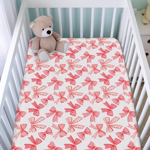 Image of Red Valentine's Bows Fitted Crib Sheets for Girl 52 inchx28 inch Girly Red Hair Bows Crib Mattress Covers Soft Breathable Valentine Hearts Love Baby Sheets for Standard Crib and Toddler Mattresses Red