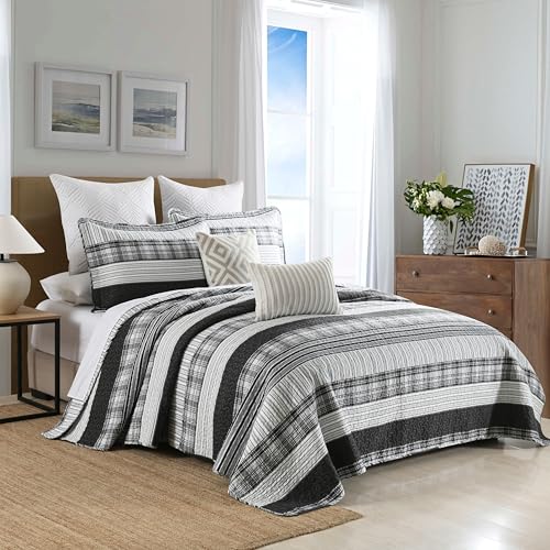 Image of Homzard 100% Cotton Quilt Set,California King 118'' x 106'' Oversized Bedspread Set with 2 Pillow Shams, Black Plaid Striped Oversized Comforter Set, 3 Pieces Farmhouse Coverlet | Breathable