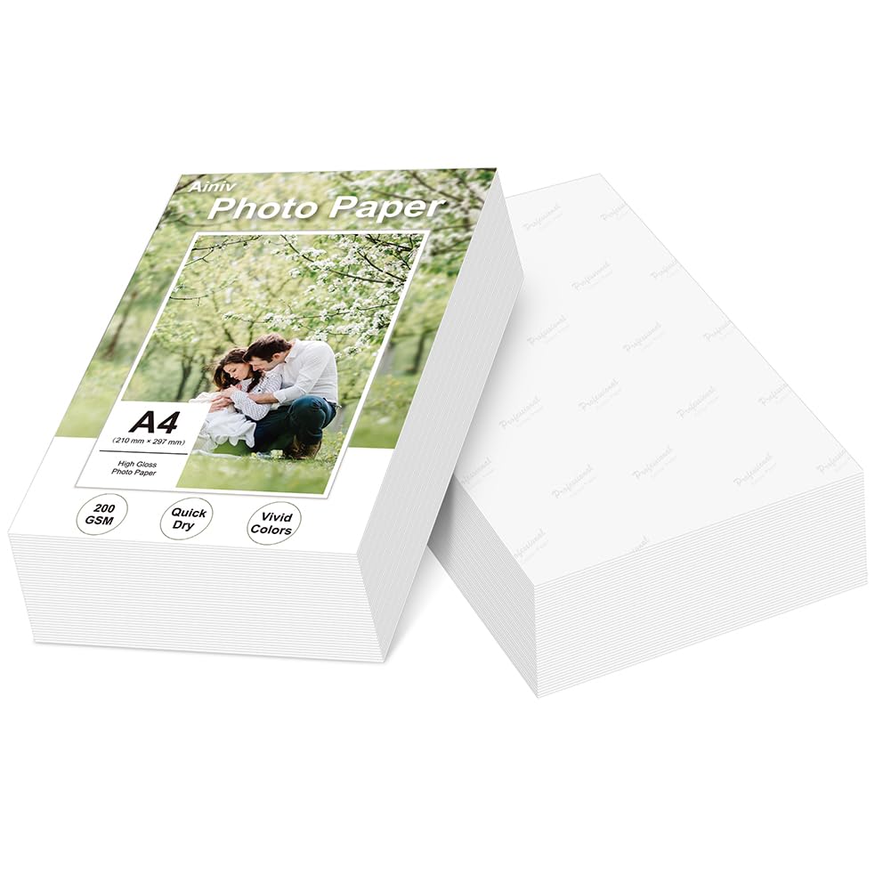 Ainiv 50 Fogli Carta Fotografica Lucida A4 200 g/m² Asciugatura Rapida Impermeabile per Stampanti a Getto d'inchiostro HP Canon Epson