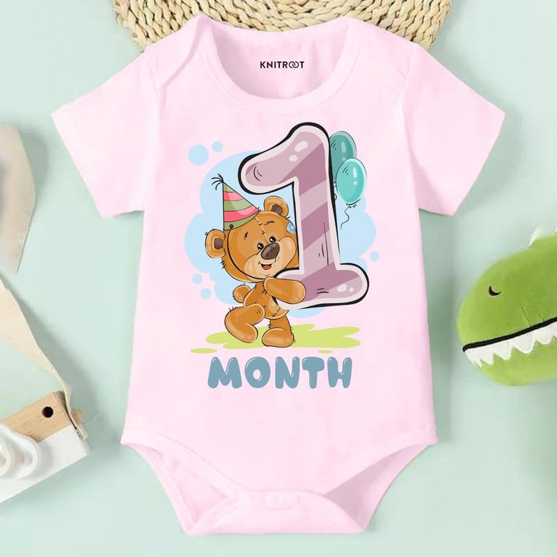 Image of Knitroot Monthly Birthday Teddy Special, Newborn Baby Half Sleeve Unisex Romper, Onesies, Sleepsuit, Body Suit, Envelope Neck, 1 to 12 Months Print, 0-12 Months, Infant Cloth for Boys & Girls