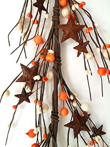 N128 Orange and Cream Primitive Pip Berries Garland with Rusty Stars