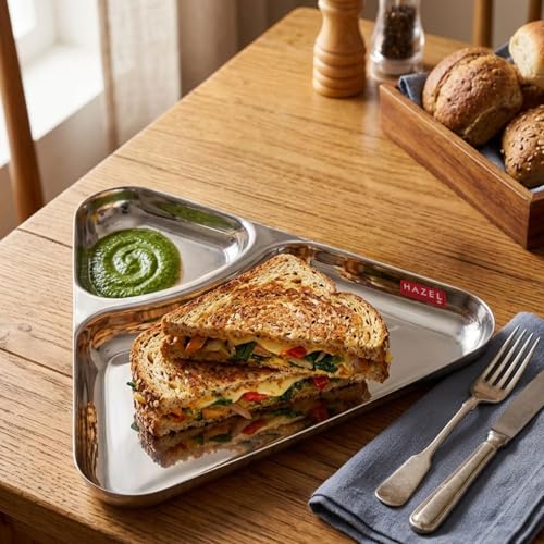 Image of HAZEL Stainless Steel 2 Section Triangle Plate | Divided Snack & Meal Tray | Rimless Partition Thali for Kids & Daily Use