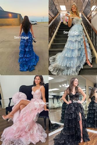 Sevintage Tulle Tiered Prom Dresses with Lace Sparkly Long Spaghetti Straps Sweetheart Slit Layered Cocktail Gowns with Train Formal Pink Size 8 - Thumbnail 4