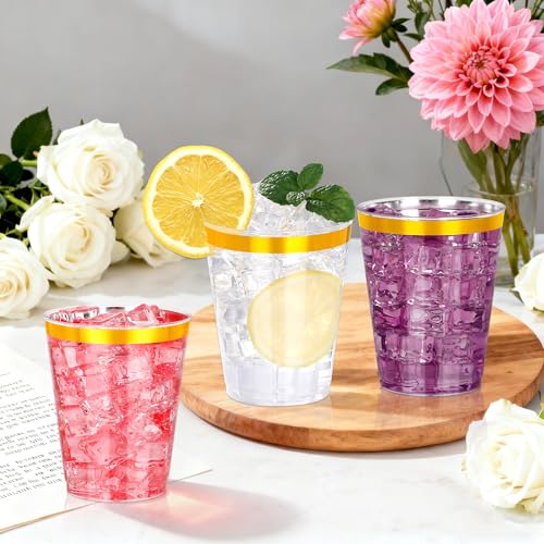 Image of 100 Pcs Gold Plastic Cups,10Oz Gold Rimmed Plastic Cups,Heavy Duty Gold Rim Clear Disposable Plasitc Cocktail Tumblers Wine Cup for Party,Wedding,Birthday,Holiday