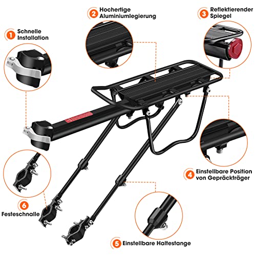 Fahrrad Gepäckträger Fahrradgepäckträger 24-29 Zoll, Einstellbare Mountainbike Gepäckträger, Universal leicht Aluminiumlegierung Fahrradträger Maximalbelastung 100kg, Heckgepäckträger mit Reflektor