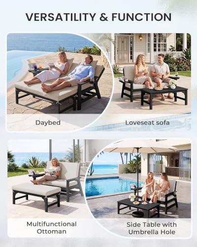 Image of SERWALL 2-in-1 Convertible Sofa Daybed with Cushions & Ottoman Table Set | HDPE 4-Position Reclining Outdoor Patio Lounge Chair, 4-in-1 Cup Holder Daybed Sofa Furniture, Black Frame with Khaki Cushion