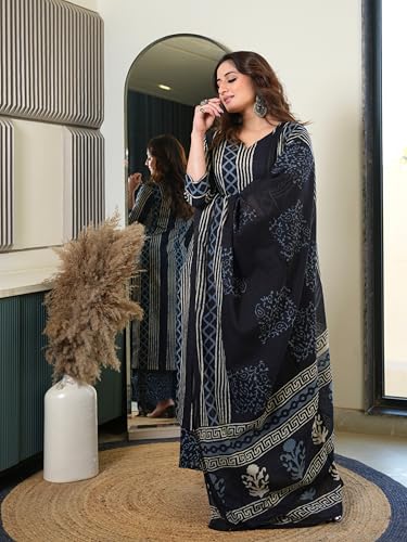 Image of Arayna Women's Pure Cotton Hand Block Printed Style Ethnic Kurta Set with Dupatta | Black & Indigo