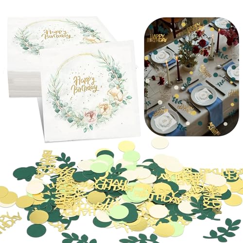 200PCS Confettis Anniversaire + 40pcs 33 x 33 cm Serviette Anniversaire Sauge Vert Eucalyptus Serviettes Décoration confettis de table dorée pour Fête...