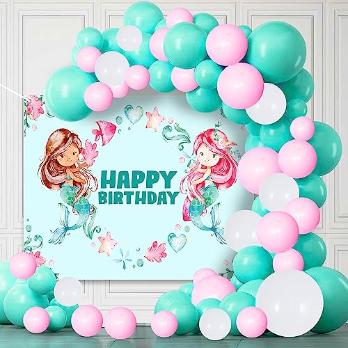 Image of Party Propz Vinyl Mermaid Theme Birthday Decorations - Set of 52Pcs Balloon Decoration Kit With Backdrop, Happy Birthday Items, Multicolor