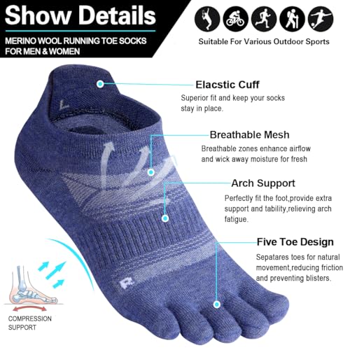 Image of HABITER Merino Wool Toe Socks for Men & Women-50% Merino Wool,No Show,Lightweight,Arch Support Hiking Socks,Running,Long Walk