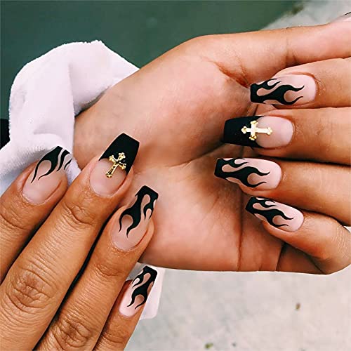 24 Pcs Coffin Press on Nails Short, Sunjasmine Fake Nails Glue on Nails, False Nails with Glue, Acrylic Nails for Women and Girls (Set 2)