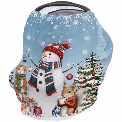 Nursing Cover for Breastfeeding Scarf, Xmas Tree Snowflakes Snowman Squirrel Cat Blue Baby Car Covers Super Soft Multi Use for Canopy Shopping Cart Cover Blanket Stroller Cover