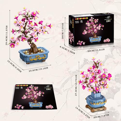 Image of HOGOKIDS Flower Cherry Blossom Building Set 2 in 1 Bonsai Tree for 8-12+ yr | Artificial Botanicals Building Blocks Home Office Decor, 775PCS Flowers Plants Birthday Christmas Gift for Adults Teens Girls