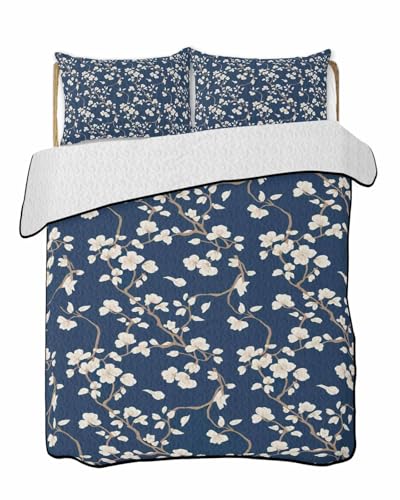 Yaiikkvbaa Quilts Queen Size Bedding Set, Botanical Flower Summer Quilt 3 Pieces Bedding Sets, Vintage Garden Floral Wildflower Blue Reversible Bedspreads Coverlets with 2 Pillow Shams for All Season