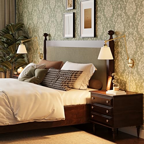 Image of Plug in Wall Sconce, Gold Adjustable Swing Arm Wall Lamp, 1 Pack | Fabric Lampshade, Plug-in or Hardwired, E26 Base, 6.6FT Plug-in Cord, Knob Switch, Living room, bedroom, study room, office