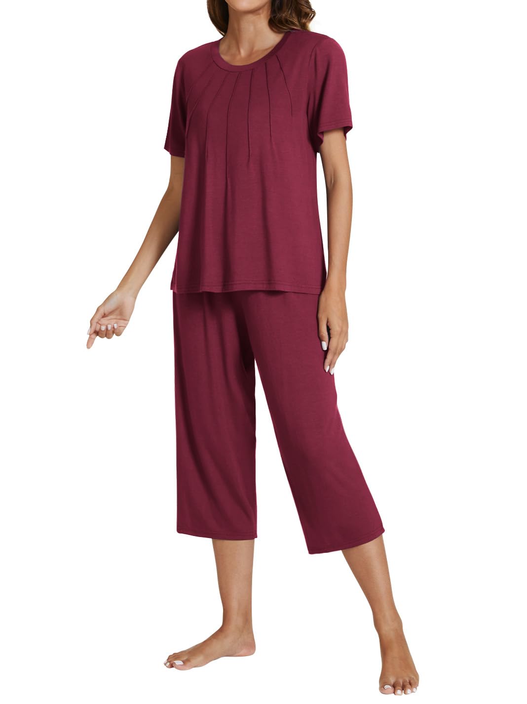 POKWAI Women's Pajama Sets Capri Pants and Short Sleeve Pajama Sleepwear Soft Summer Pajama for Women Pjs Pajamas(Wine Red,Small)