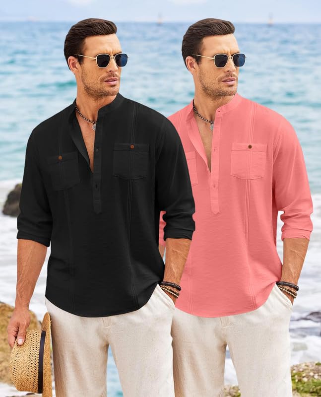 Image of Macsivo Combo of Men's Regular Fit Cotton Blend Solid Casual Short Kurta with Mandarin Collar and Pockets Kurta Pack of 2