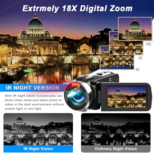 Image of Camcorder Video Camera 4K UHD 48MP IR Night Vision Vlogging Camera for YouTube,18X Digital Zoom Camcorder Recorder 3 inch IPS Touchscreen with 32GB SD Card, Remote, 2 Batteries