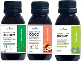 Kit Óleos Capilares Naturais, Rícino, Coco e Alecrim, 60ml cada, Fortalecimento e Hidratação Profunda