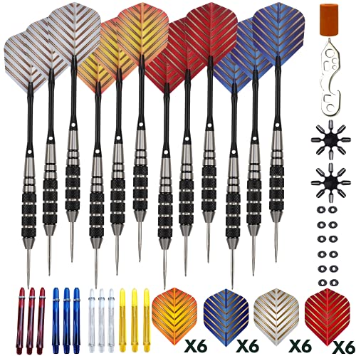 Steel Tip Darts Set - Professional 12PC Darts Steel Tip for Dartboard - Includes Steel Brass Barrels + Plastic & Aluminum Shafts + O-Ring's + Flights & Protectors + Sharpener + Wrench (22g-STC10432)