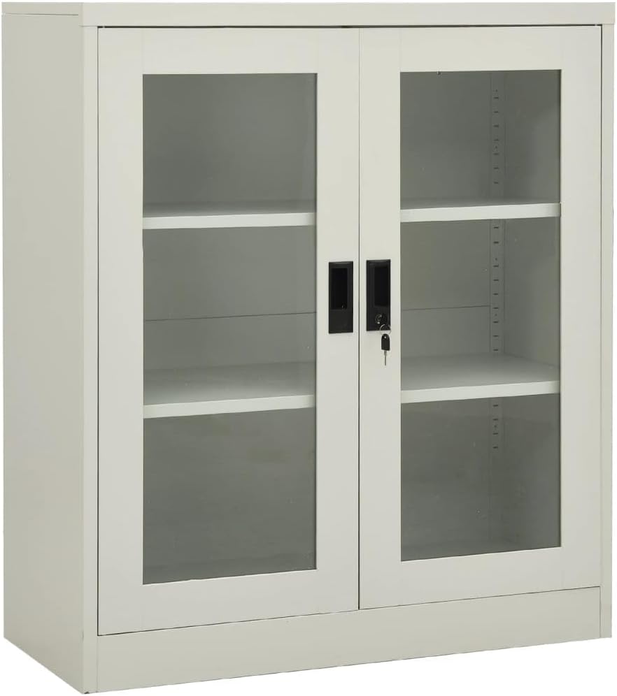 Light Gray Steel Office Cabinet with Tempered Glass Doors, 35.4x15.7x41.3 Inches, 2 Adjustable Shelves for Spacious Storage and Secure Locking System, Industrial Design