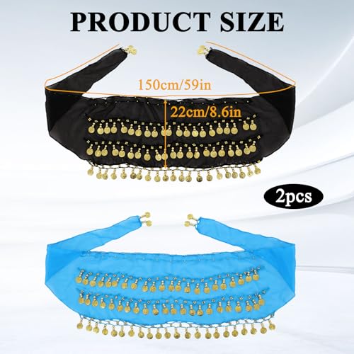 2 Pcs of Belly Dance Hip Scarf, Hip Scarf for Belly Dancing, with 3 Layers of Sequin Coins, Lightweight Chiffon Material, Suitable for Dancing, Daily Practice, Etc. (Black + Blue)2