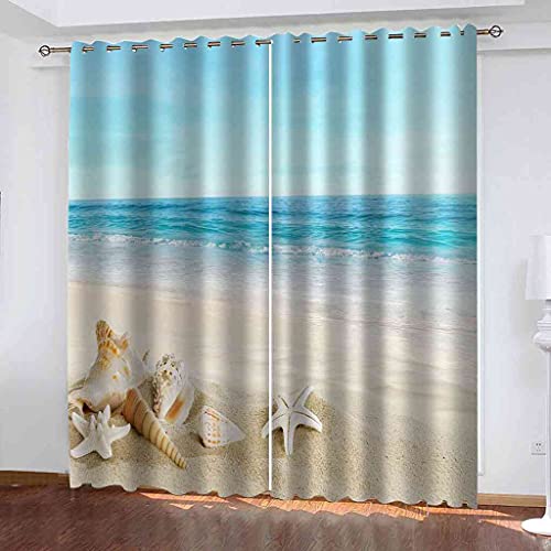 WUBMQ Rideau Salon Moderne Lot De 2 Rideaux Occultants À Oeillets 3D Plage Vue Mer Rideau Thermique Isolant Anti Froid pour Décoration De Fenêtre pour Enfant Chambre 183X214Cm（LxH）