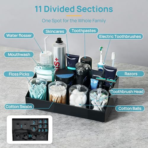 Image of Vtopmart 5 PCS Bathroom Countertop Organizer, 1 Divided Tray with 4 Qtip Holder Jars, Restroom Clear Organizers for Toothbrush, Cotton Pads Balls, Floss, Bathroom Vanity Accessories Storage Set, Black
