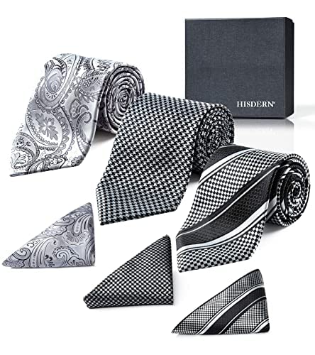 Image of HISDERN Mens Ties Extra Long Tie and Pocket Square Set 63 Inch XL Tie Pack Collection Present Box Necktie Lot 3 PCS