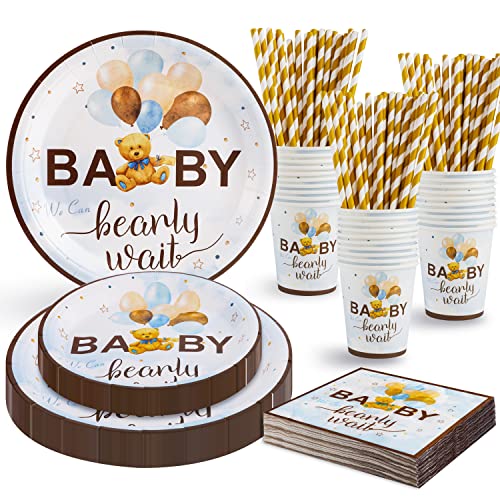 Kederwa Teddy Bear Baby Shower Party Supplies for 24 Guest Teddy Bear We Can Not Wait for You Plates and Napkins Cup Straws