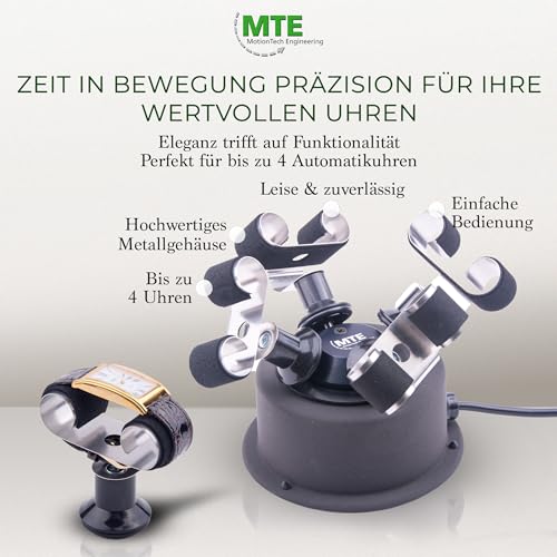 MTE Bewegungstechnik Uhrenbeweger (WTS 4 Anthrazit) bis zu 4 Uhren – Elektronisch gesteuerte Rotation und Pausen – Uhrenbeweger für Automatikuhren – leiser Watch Winder – Made in Germany