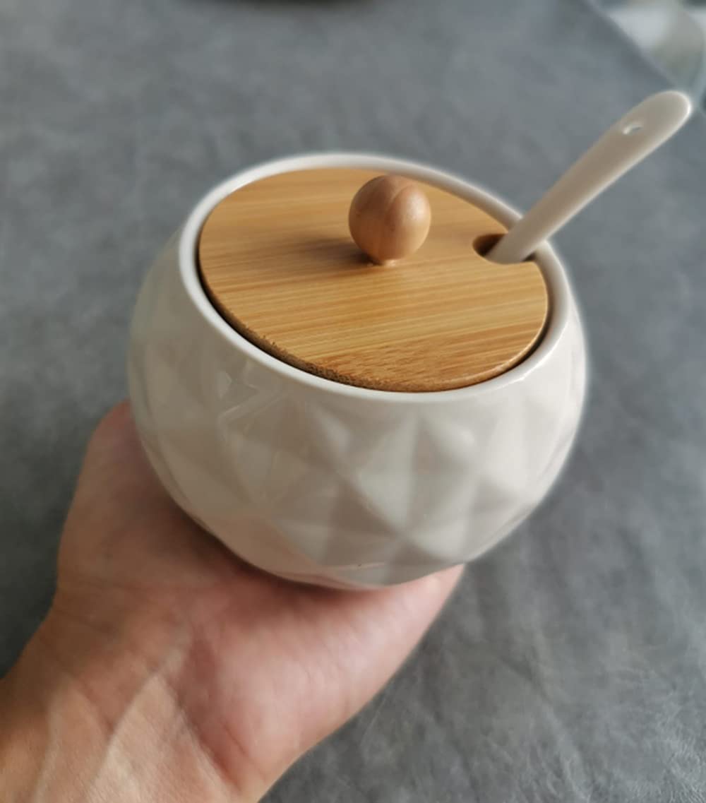 HLTYGWX Azucarero de cerámica para condimentos con Cuchara, Tapa de Madera para el hogar, Caja de Salsa de Soja, Herramienta de Almacenamiento de Cocina para Sal y Chile(A)
