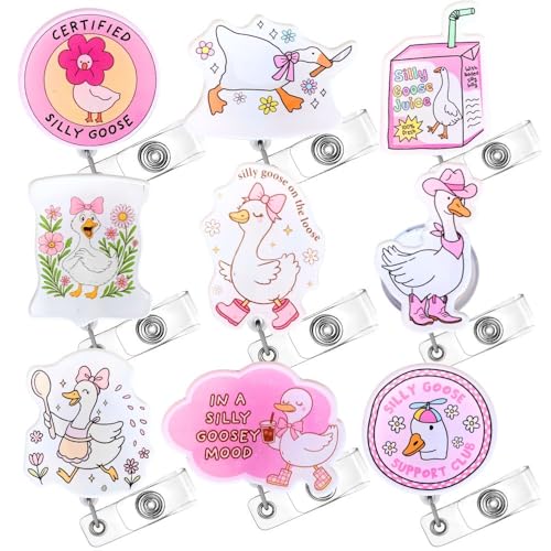 9PC Girly Silly Goose Badge Reels Fun Funny Certified Cowgirl Cute Pink Bow Duck Juice On The Loose Decorative ID Name Retractable Holder Nurse Essentials Bulk Gift for Teachers Nursing Students
