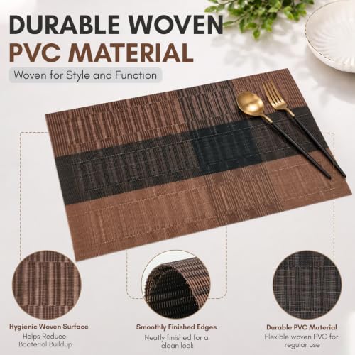 Image of Solitude Set of 6 Dining Table Placemats | Non-Slip PVC Table Mats, Heat Resistant, Washable, Stain-Resistant Surface, (Brown & Black, 45 x 30 cm)