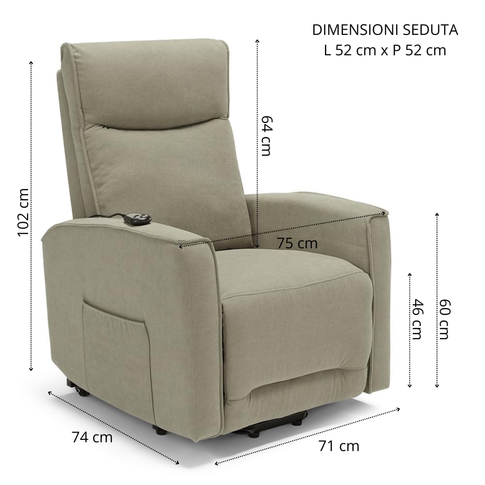 REDÒKASA Poltrona relax elettrica LONDRA per anziani, 2 motori, 2 ruote posteriori, Kit Optional Batteria, sistema reclinazione e alzapersona, tessuto idrorepellente (Senza Kit Batteria, Tortora)