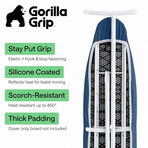 Image of GORILLA GRIP Ironing Board Cover, Silicone Coating, 400F Scorch and Stain Resistant with Thick Padding, Fits Over Standard Size Boards, Heavy Duty Hook and Loop Fastener Strap, Navy 15x54