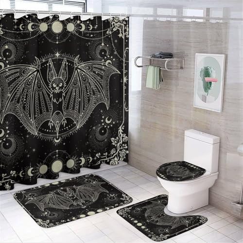 FBMLBRB Brebasf Abstract Modern Art Bat 4 Pieces Shower Curtain Set Vintage Gothic Galactic Universe Floral Rose Full Moon Non-Slip Rugs Toilet Lid Cover Bath Mat and Bathroom Curtain