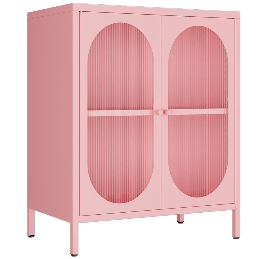 Fumedo Small 2 Transparent Door Metal Storage Side Buffet Cabinet for Bed Room,Living Room,Entryway,Hallway,Home,Hotel,Office,Garage,Kitchen,1 Removable Shelf. (Transparent Door, Pink)